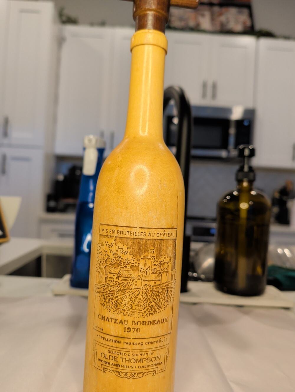 Olde Thompson Wooden Wine Bottle Pepper Mill/Grinder Chateau Bordeaux 1970 USA